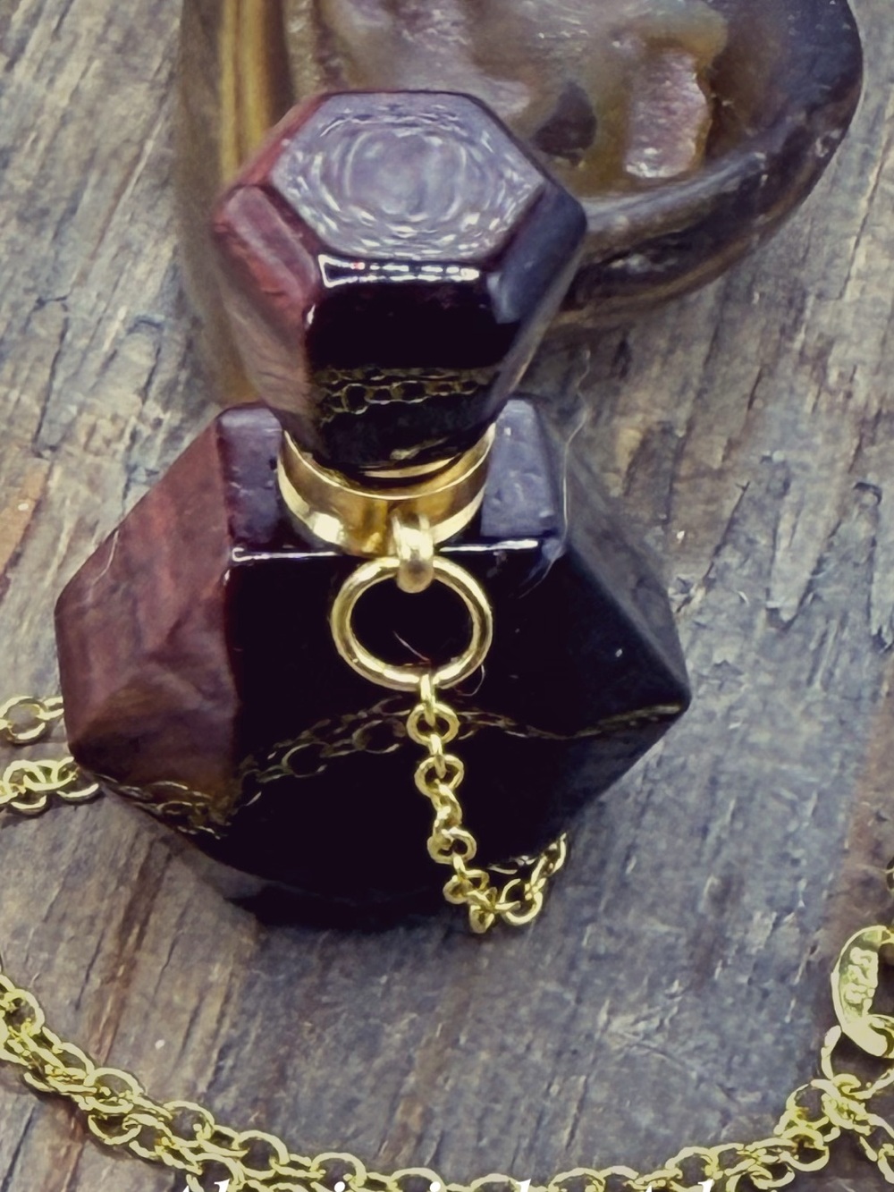 Gold Tone Chain Necklace with Dark Red perfume bottle Pendant